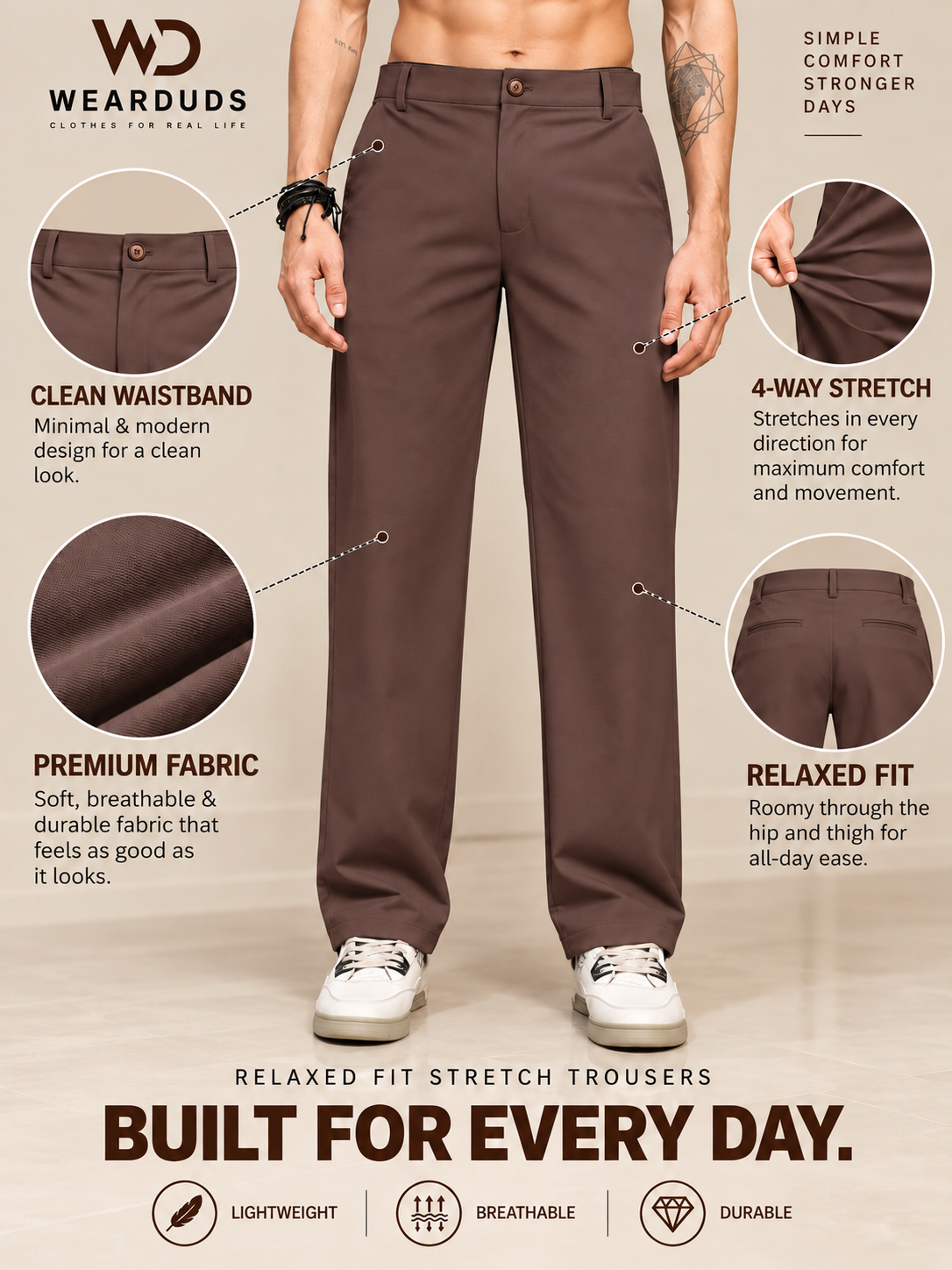 COMFORTABLE STRAIGHT CASUAL PANTS DARK BROWN