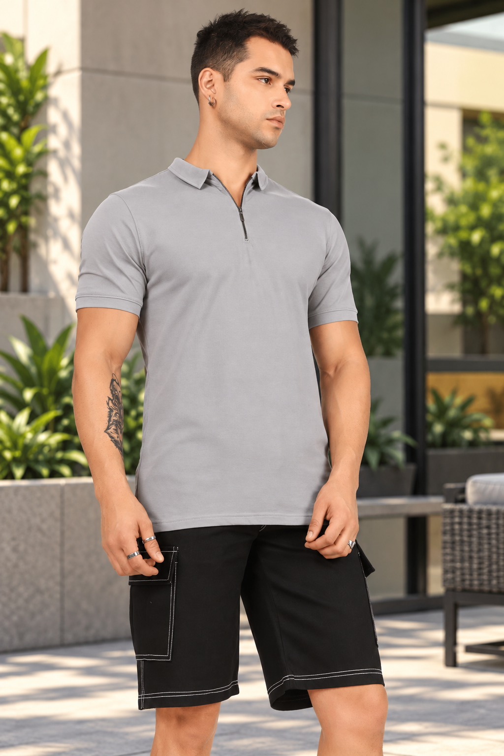 ZIPPER POLO NECK T-SHIRT GRAINED GREY