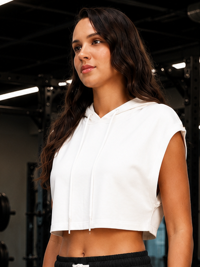 WOMEN STUDIO CUT-OFF CROP HOODIE T-SHIRTS WHITE