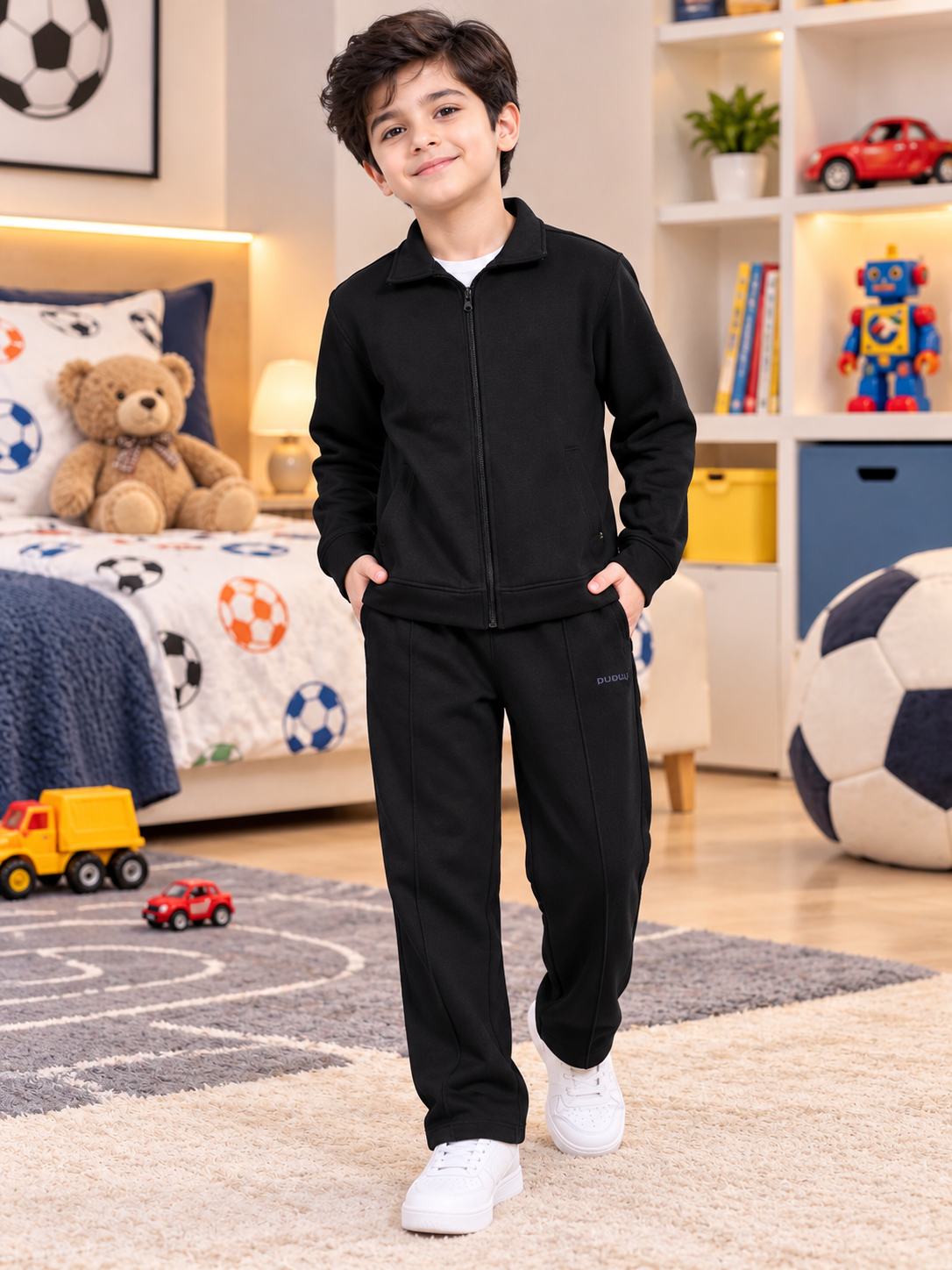 SHAGGY FLEECE CO-ORD FOR BOYS GIRLS BLACK worn by boy in cozy bedroom with toys and soccer ball decor