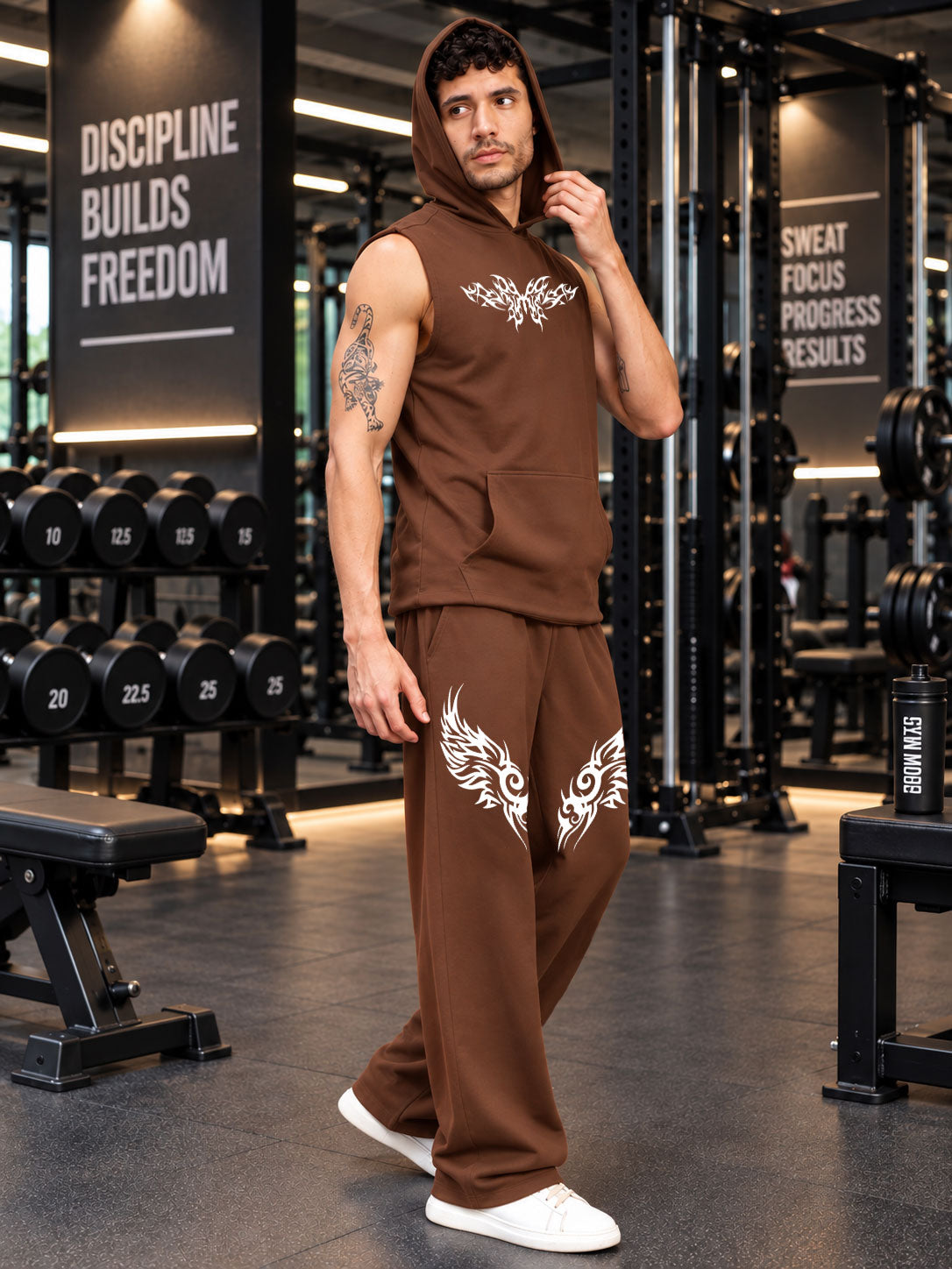 TRIBAL SLEEVELESS HOODED CO-ORD BROWN