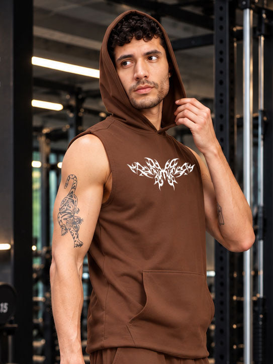 TRIBAL SLEEVELESS HOODED  T-SHIRT BROWN