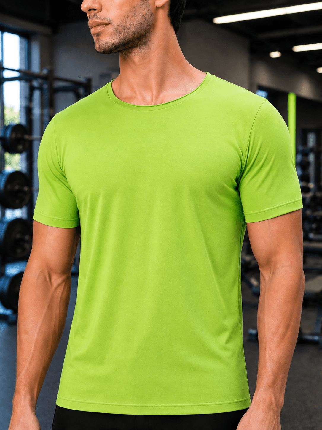 BEDROCK FIT REGULAR FIT T-SHIRT NEON GREEN worn by a man in a gym setting.