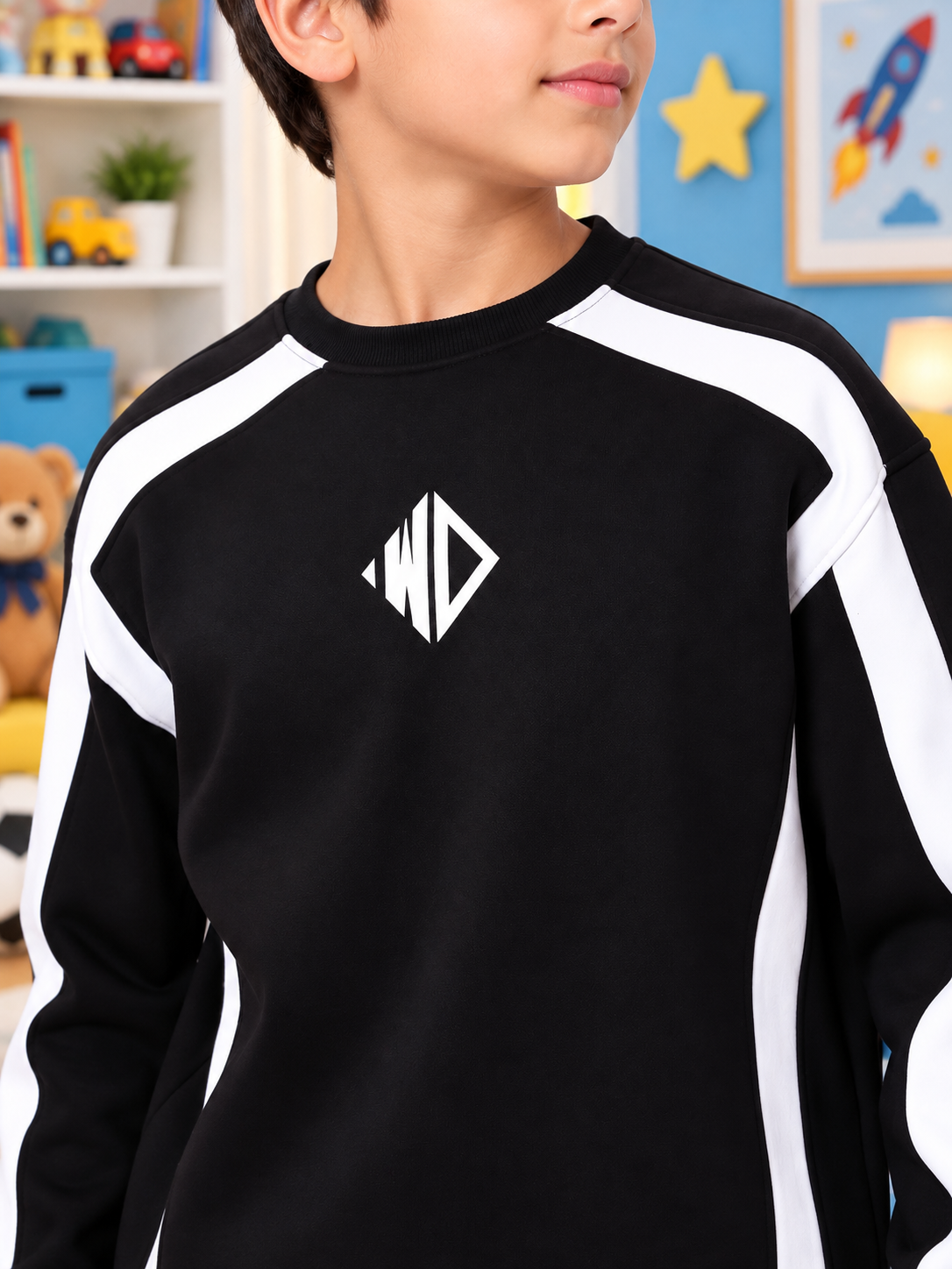 RUGBY OVERSIZED FLEECE SWEATSHIRT KIDS BLACK WHITE
