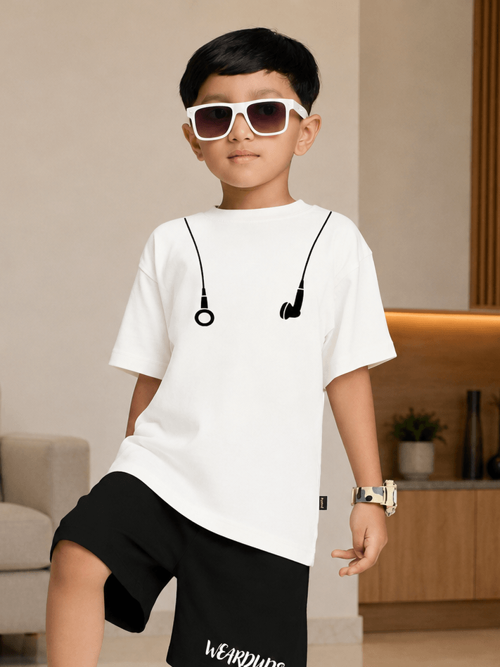 EARPHONE GRAPHIC T-SHIRT FOR BOYS GIRLS WHITE