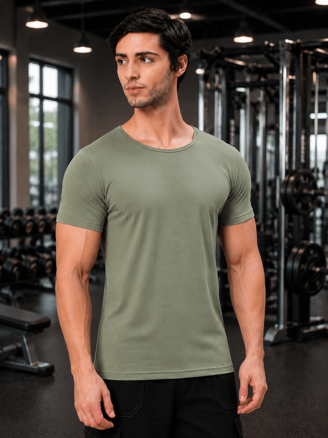 BEDROCK FIT REGULAR FIT T-SHIRT ROYAL SAGE GREEN worn by a man in a gym setting.
