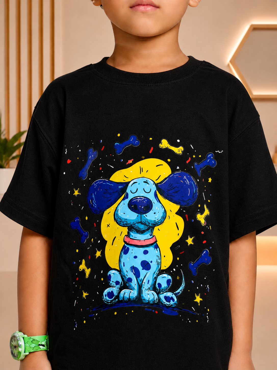 CUTE BLUE PUPPY OVERSIZED T-SHIRT FOR BOYS GIRLS BLACK