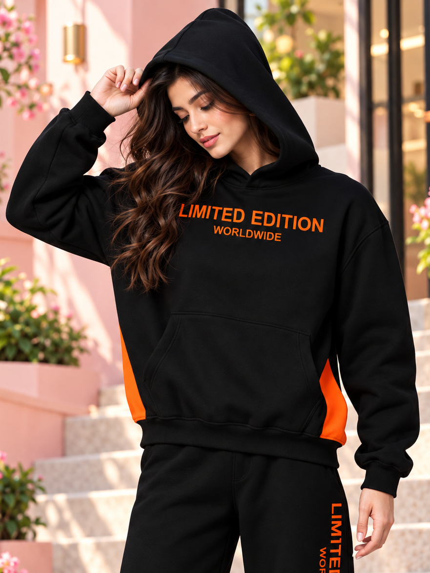 WOMEN WORLDWIDE COTTON FLEECE HOODIE BLACK