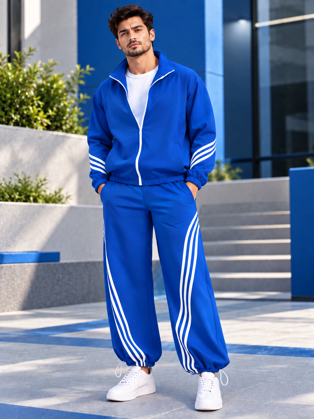 STREETWEAR THREE STRIPE CO-ORD SET FULL ZIPPER BLUE