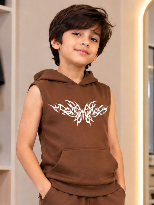 TRIBAL SLEEVELESS HOODED T-SHIRT FOR BOYS GIRLS BROWN