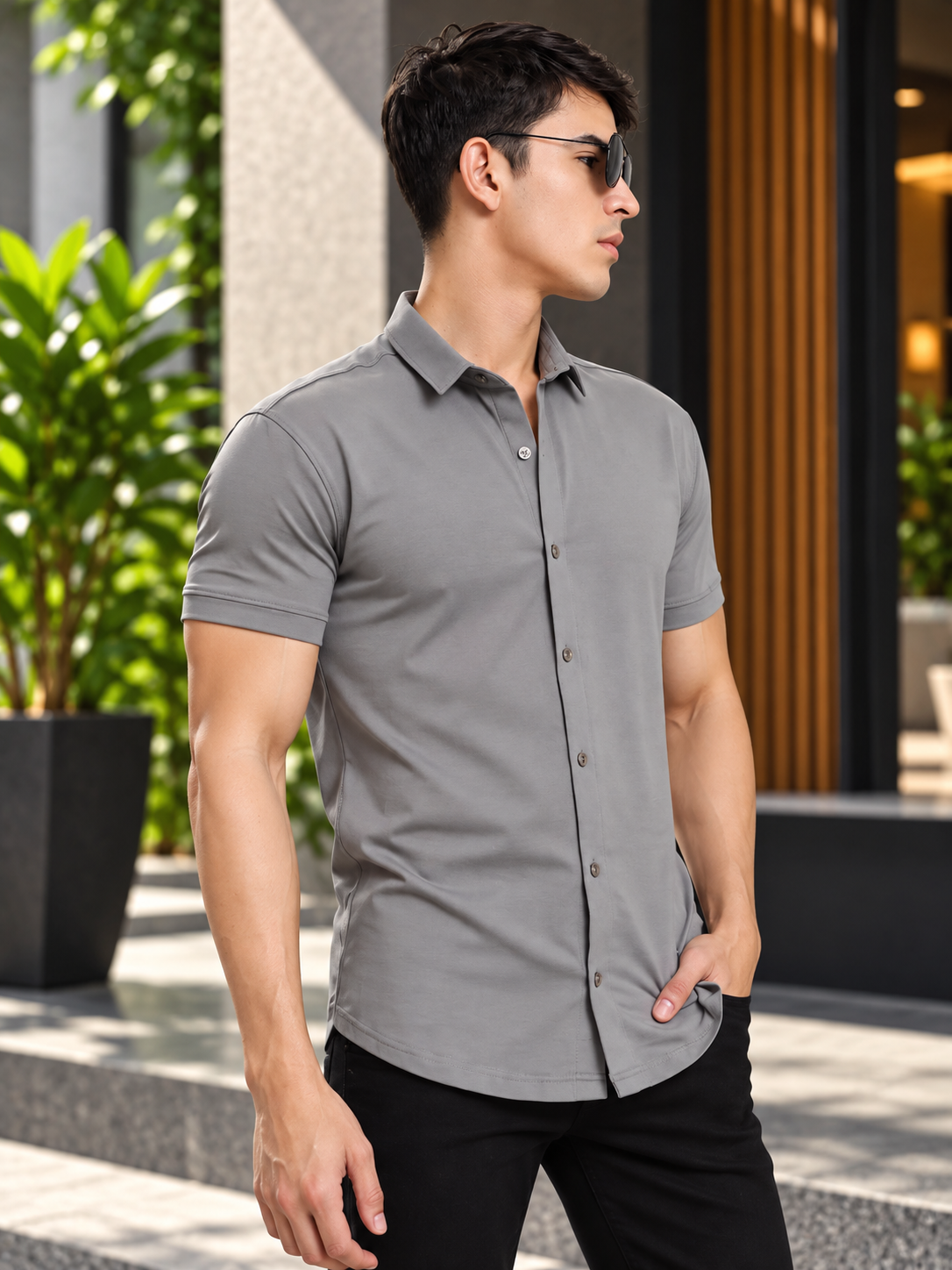 NOIR GREY WRINKLE FREE HALF SHIRT