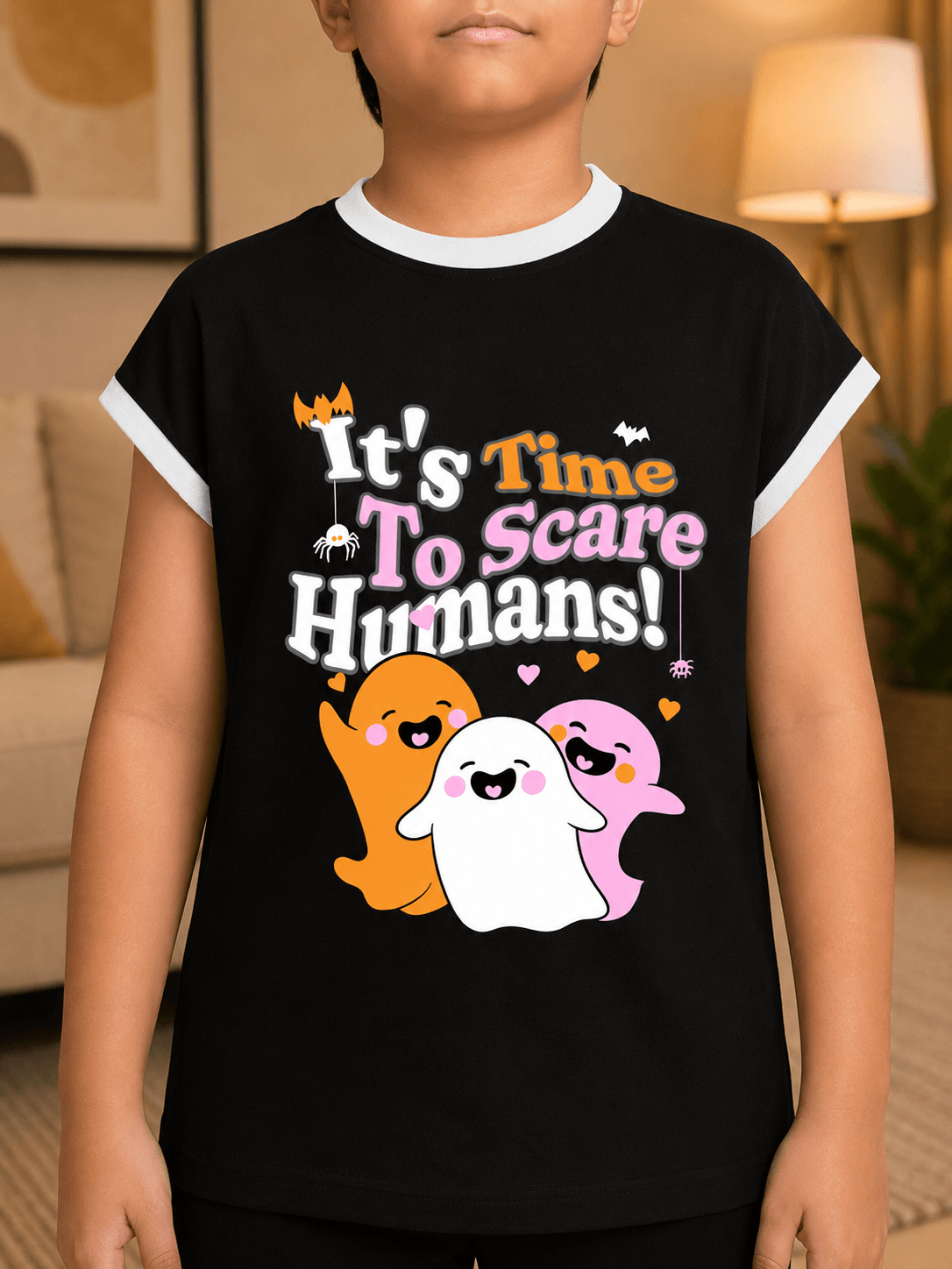 HALLOWEEN GRAPHIC PRINT CO-ORD FOR BOYS GIRLS BLACK featuring cute ghosts and text on a black shirt.