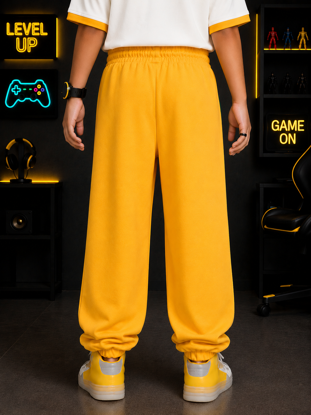 EMOJI VIBES CO-ORD FOR BOYS & GIRLS WHITE-YELLOW back view of yellow sweatpants styled for kids.
