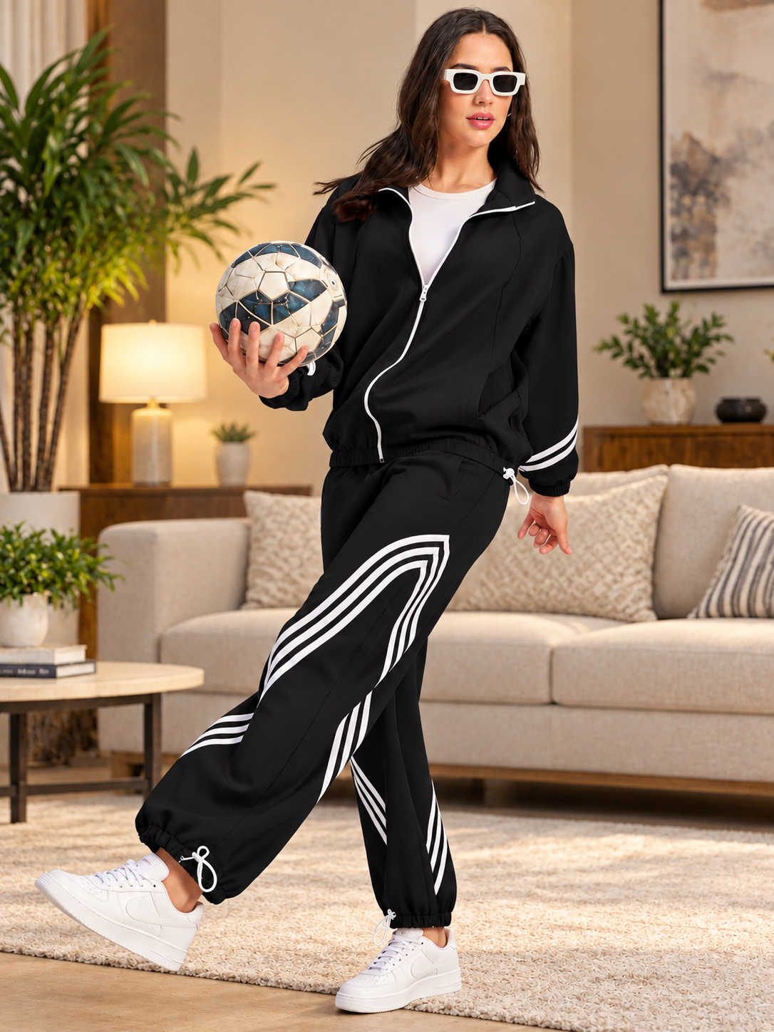 WOMEN STREETWEAR THREE STRIPE  JACKET FULL ZIPPER BLACK