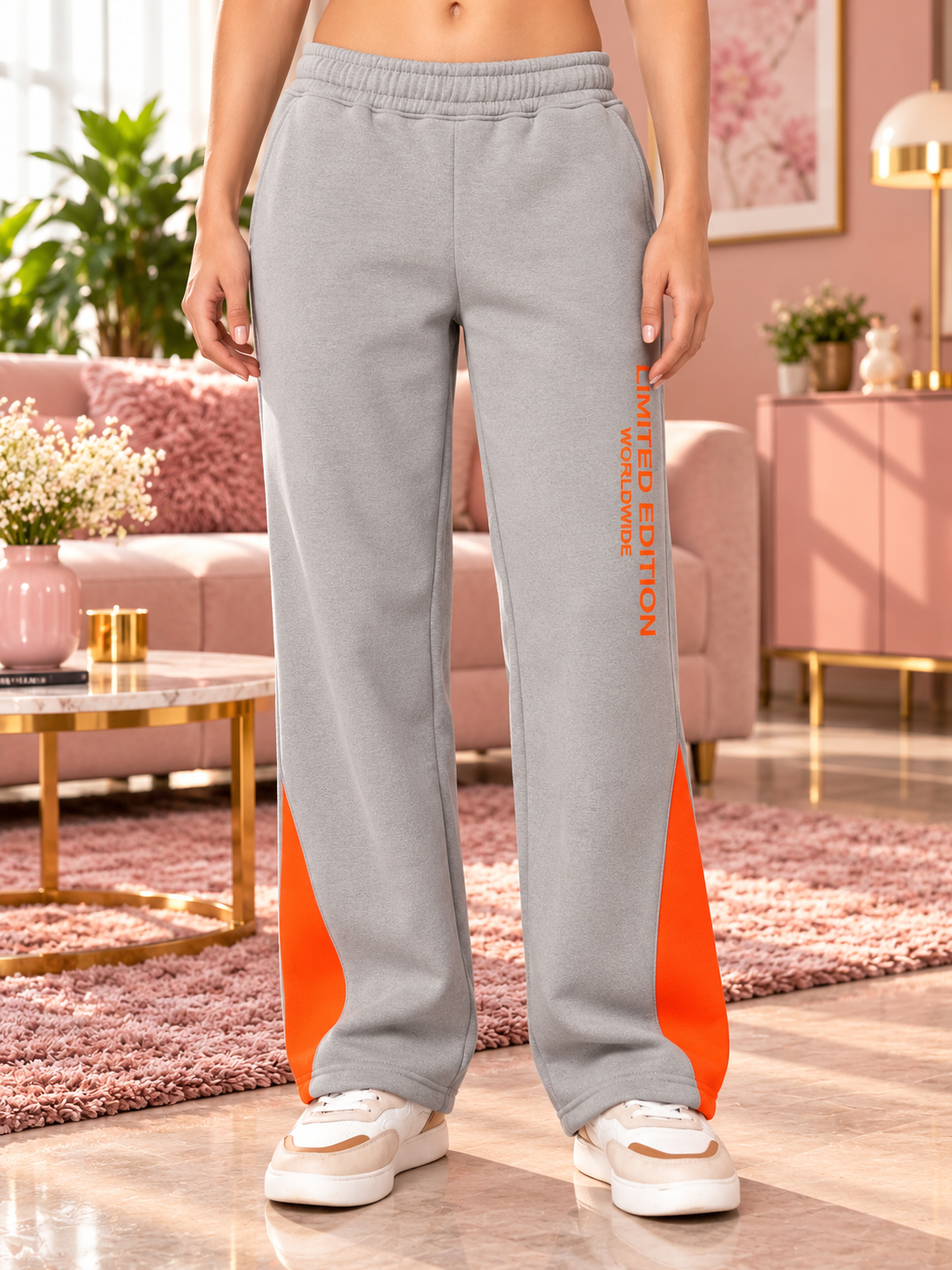 WOMEN WORLDWIDE FLEECE COLORBLOCK CO-ORD GREY sweatpants with orange panel detail, comfy fleece fit for casual loungewear style