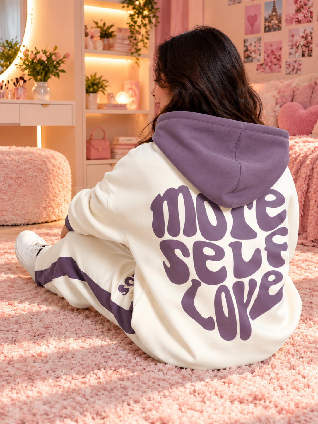 WOMEN SELF LOVE FLEECE CO-ORD WHITE VIOLET