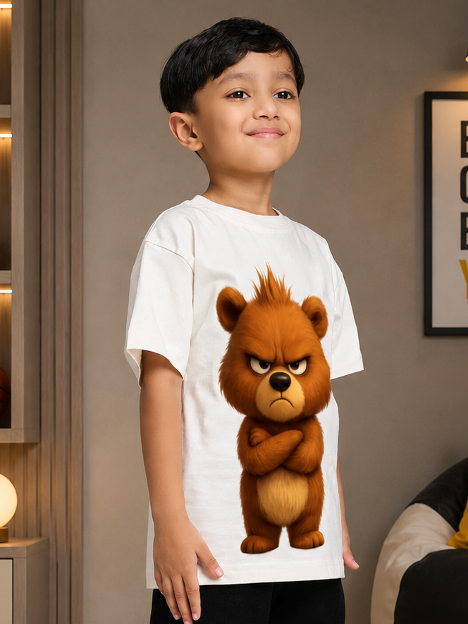 BEAR GRAPHIC CASUAL T-SHIRT FOR BOYS GIRLS WHITE