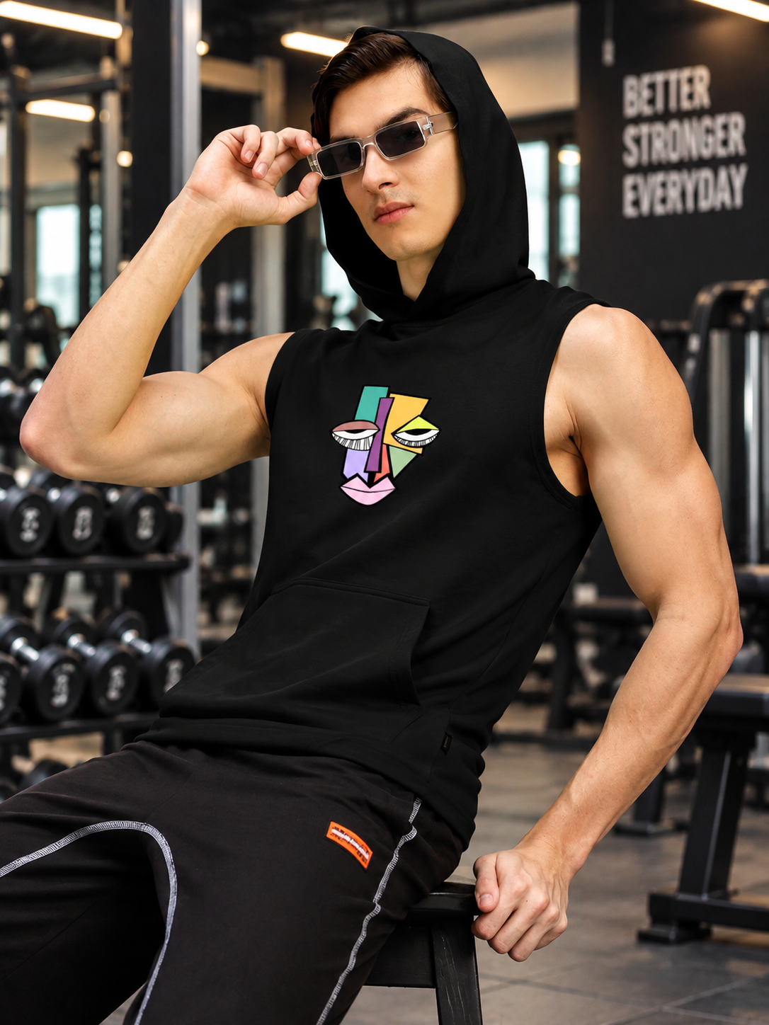 ABSTRACT FACE GYM SLEEVELESS HOODED T-SHIRT BLACK