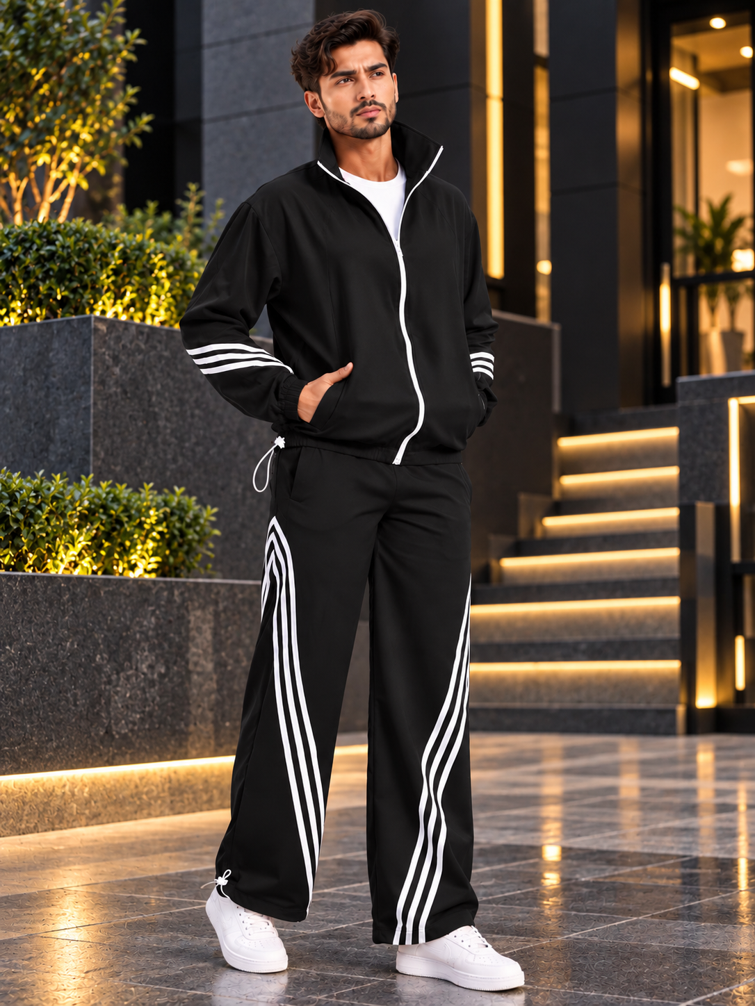 STREETWEAR THREE STRIPE CO-ORD SET FULL ZIPPER BLACK