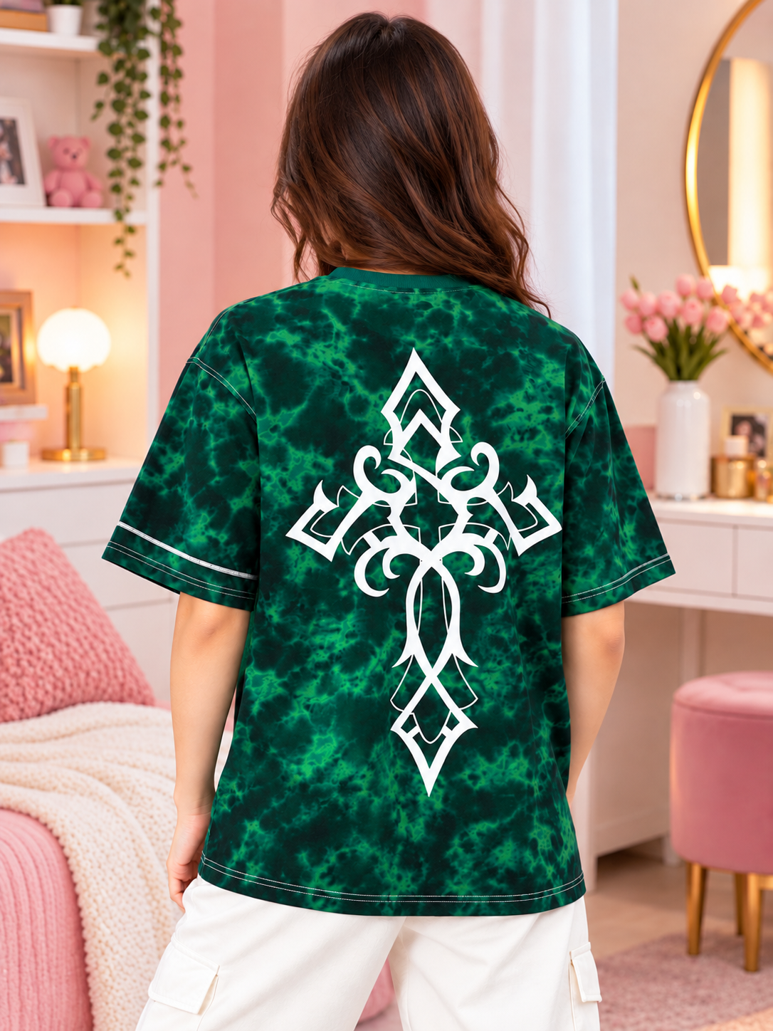 WOMEN ICONIC TIE-DYE OVER-SIZED T-SHIRT GREEN