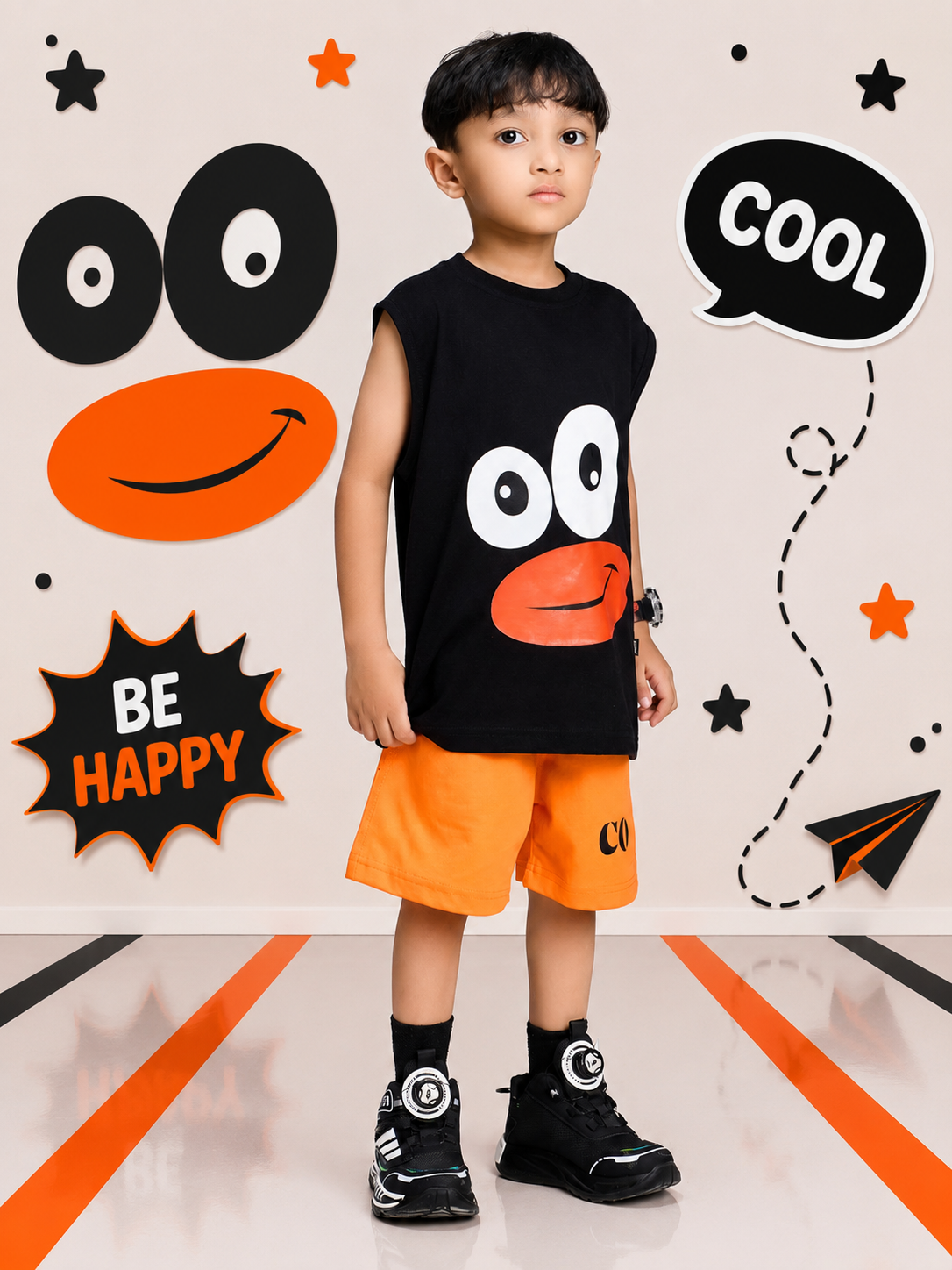 SMILEY EYES PRINT CO-ORD SET FOR BOYS GIRLS BLACK ORANGE