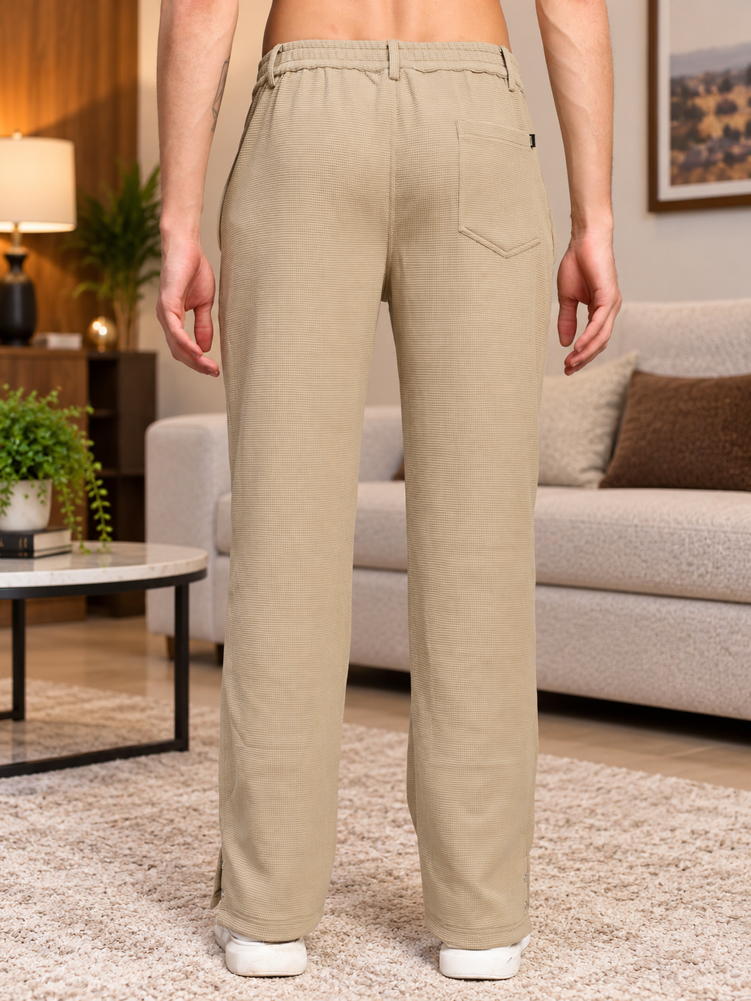 SNAP BUTTON TEXTURED FIT PANTS BEIGE