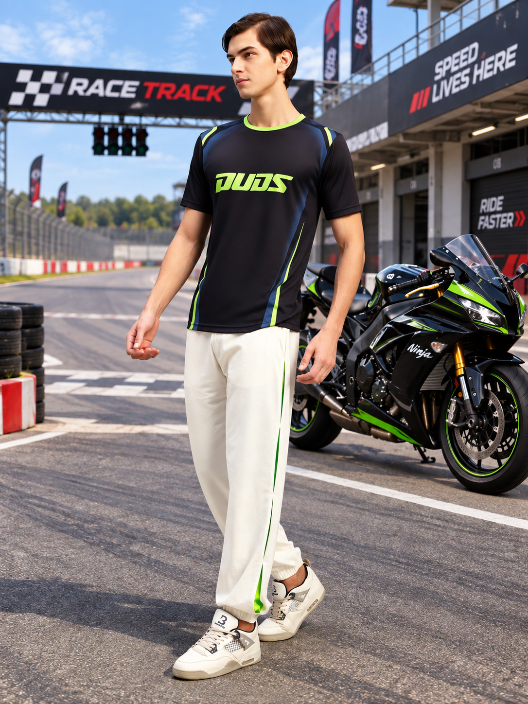 SLEEVE RACING GRAPHIC T-SHIRT BLACK