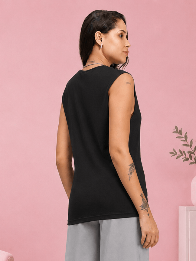 WOMEN MUSCLE FIT SLEEVELESS GYM T-SHIRT BLACK