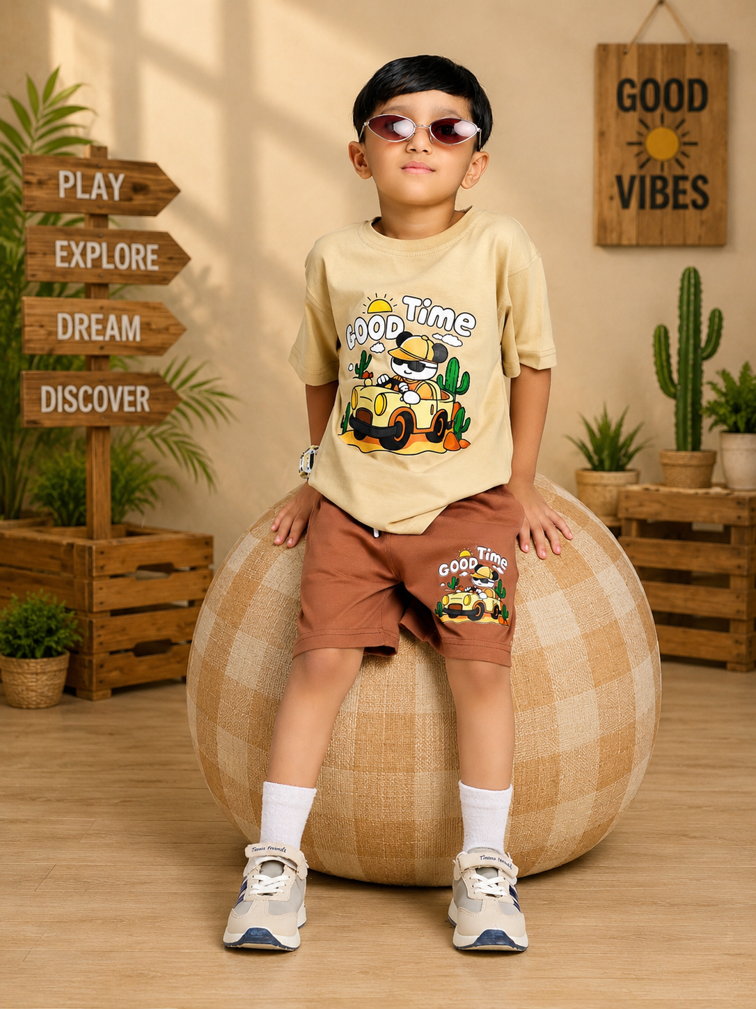 GOOD TIME PRINT CO-ORD FOR BOYS GIRLS BEIGE BROWN