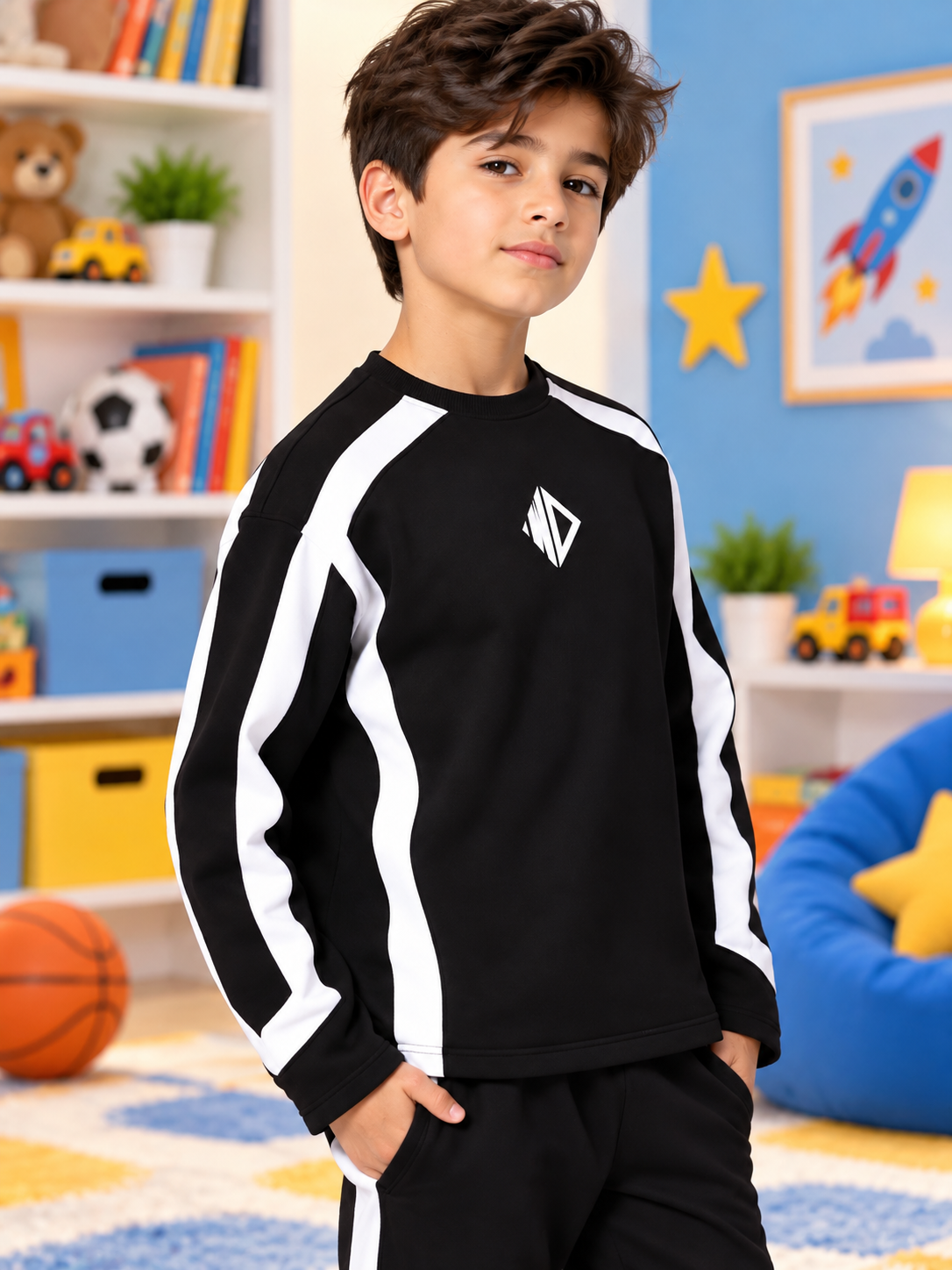 RUGBY OVERSIZED FLEECE SWEATSHIRT KIDS BLACK WHITE