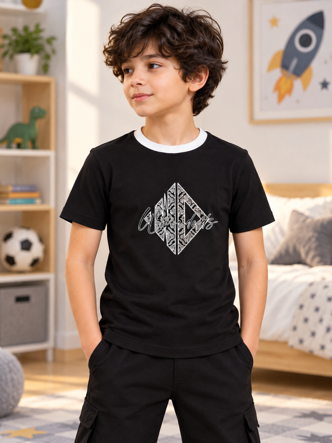 Kids Grey Black Angular Regular Fit T-Shirt with contrast collar, worn by a boy in a cozy bedroom setting
