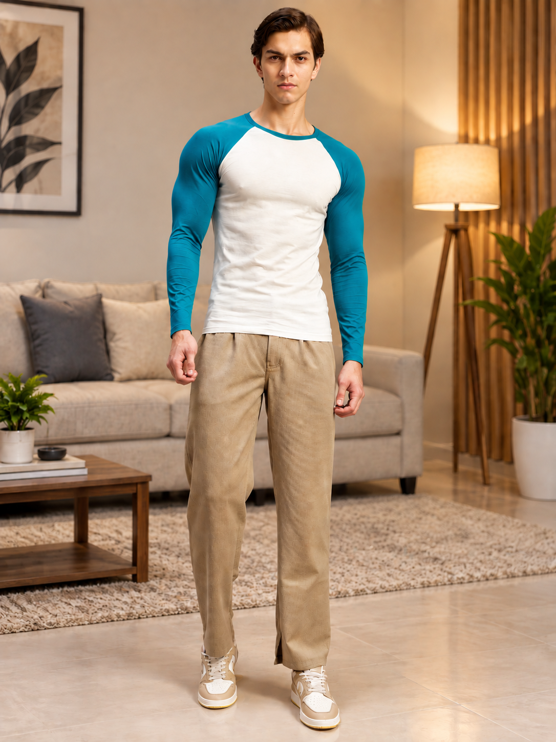 CONTRAST ROUND NECK SLIM FIT T-SHIRT WHITE TEAL BLUE