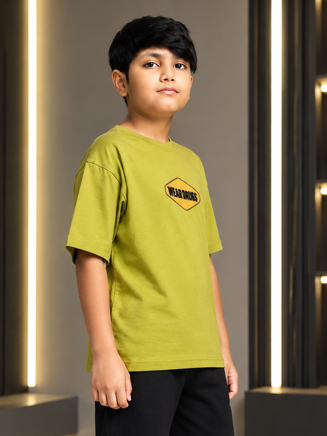 BEAR ON BOARD T-SHIRT FOR BOYS GIRLS OLIVE GREEN