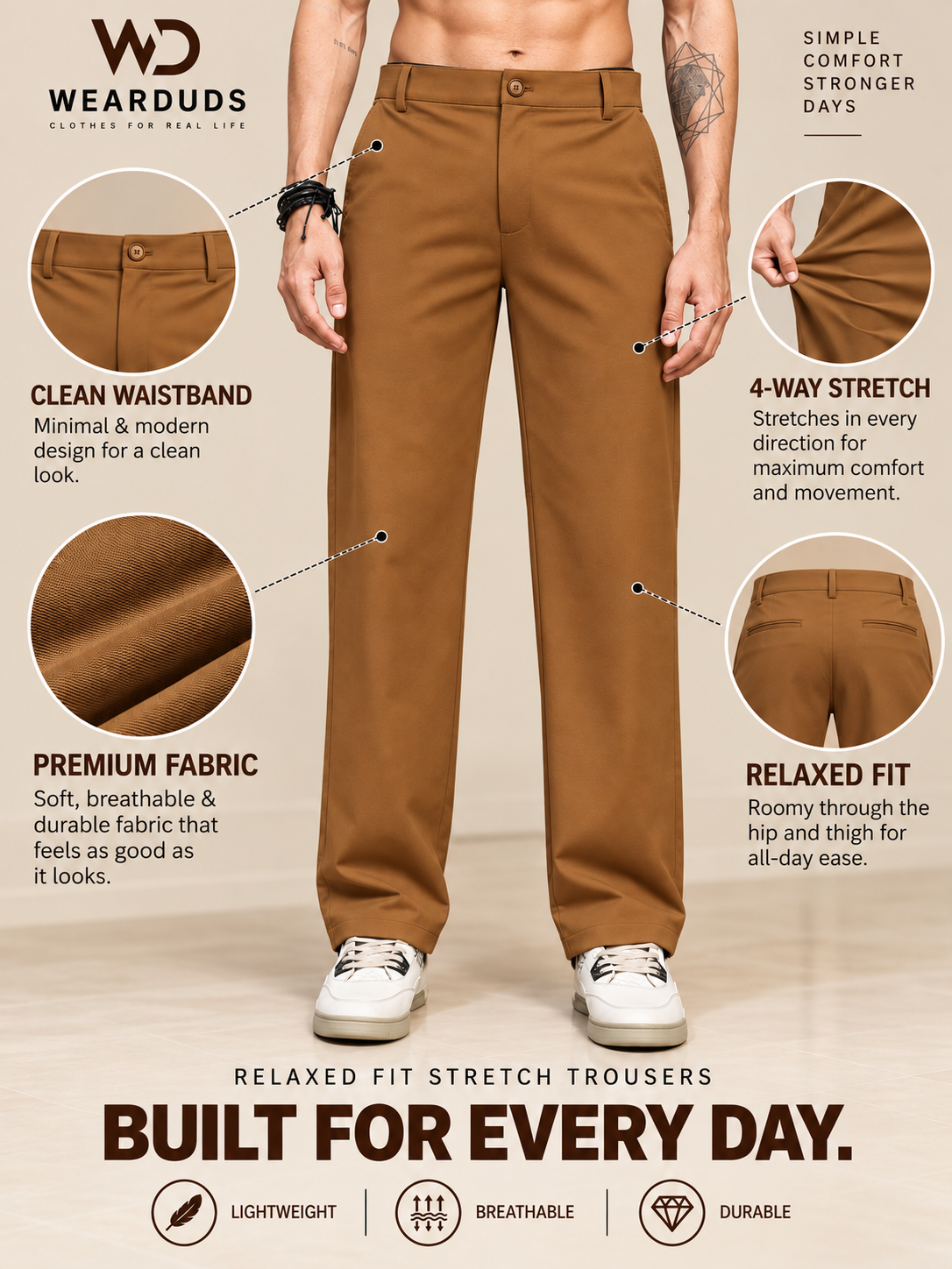 COMFORTABLE STRAIGHT CASUAL PANTS  BROWN