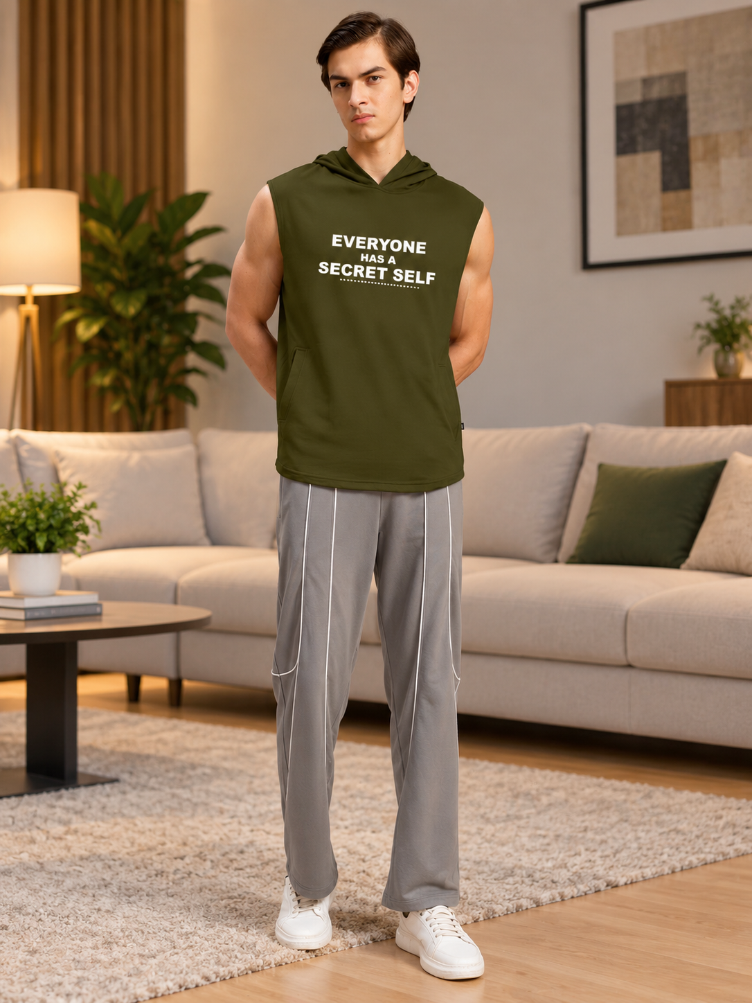 SECRET SELF GYM SLEEVELESS HOODED T-SHIRT OLIVE GREEN