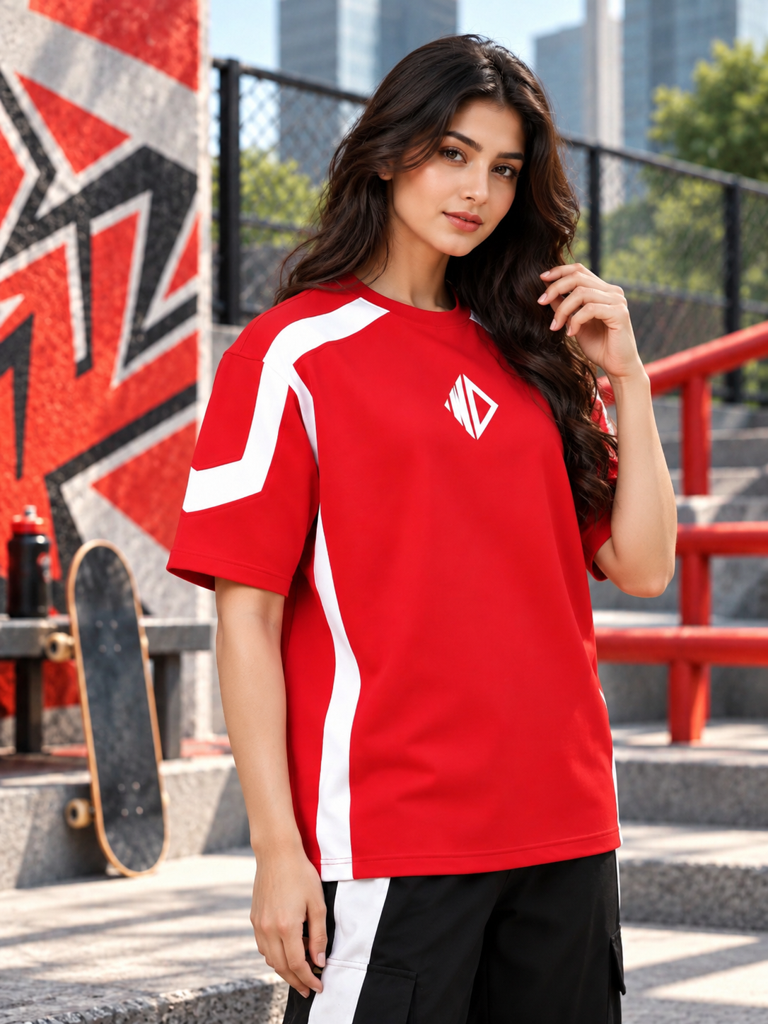 WOMEN RUGBY OVER-SIZED T-SHIRT RED WHITE