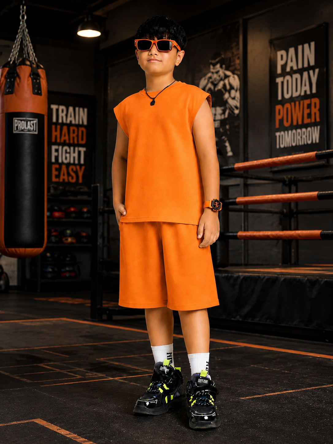 NEON RUSH SLEEVELESS CO-ORD FOR BOYS GIRLS ORANGE