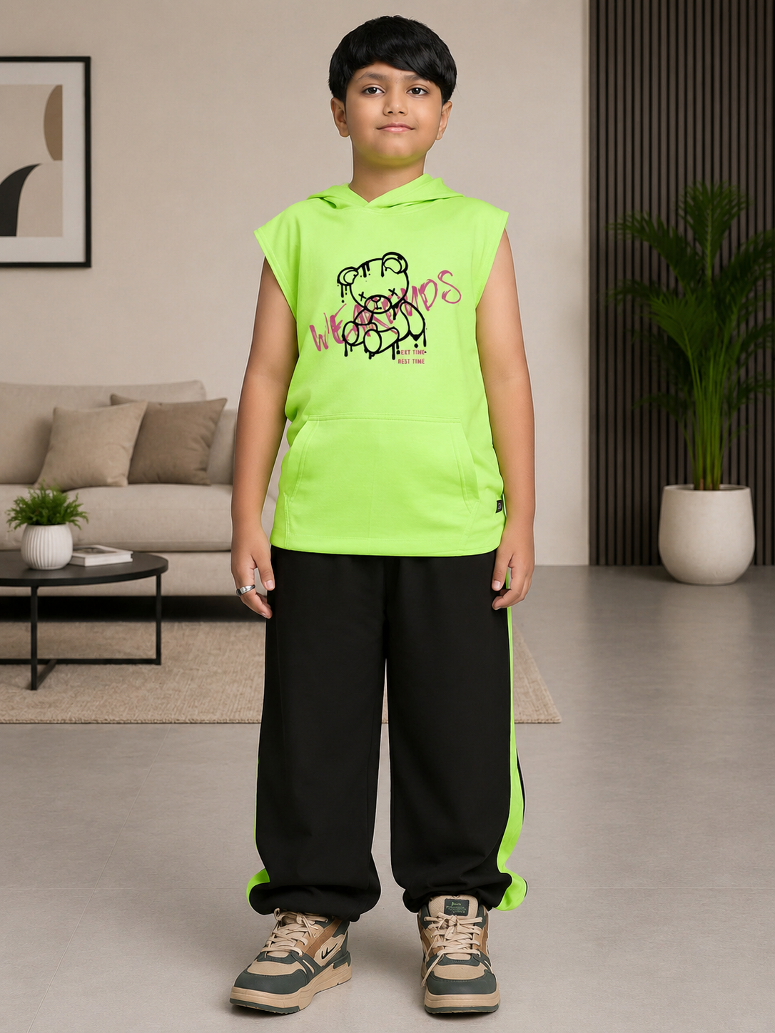 CYBER LIME GRAPHIC HOODED CO-ORD FOR BOYS GIRLS NEON GREEN BLACK