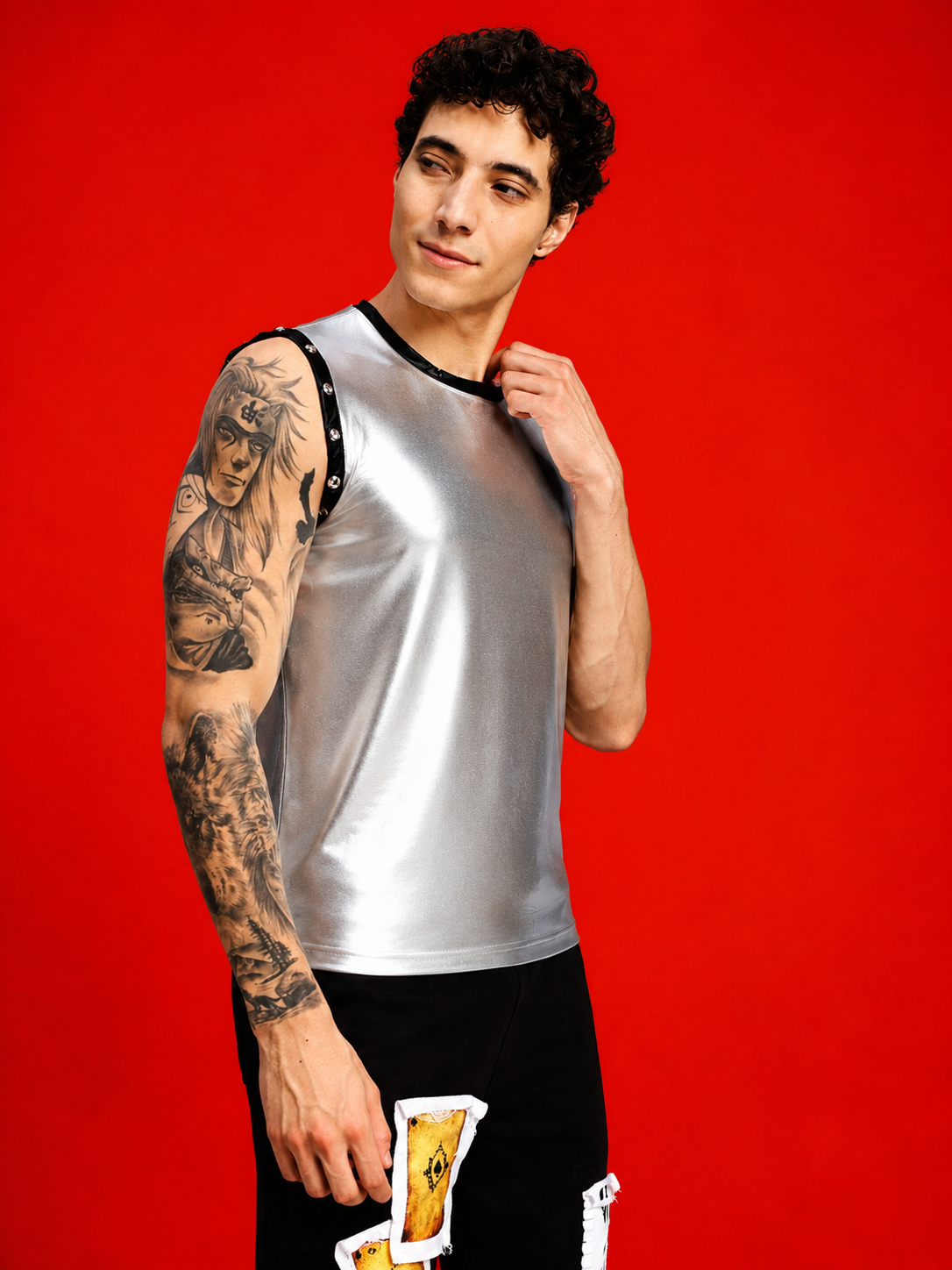 SHINY FOIL TANK SLEEVELESS GYM T-SHIRT SILVER