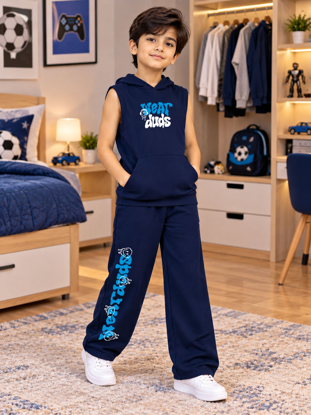 LOUNGEWEAR SLEEVELESS HOODED CO-ORD FOR BOYS GIRLS NAVY BLUE