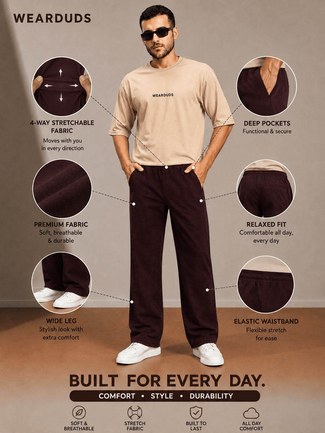 ATHLETIC DRESS TRACK TROUSERS MAROON model showcasing relaxed fit and deep pockets in a stylish look.