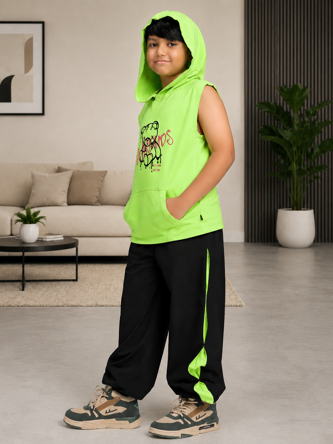 CYBER LIME GRAPHIC HOODED CO-ORD FOR BOYS GIRLS NEON GREEN BLACK