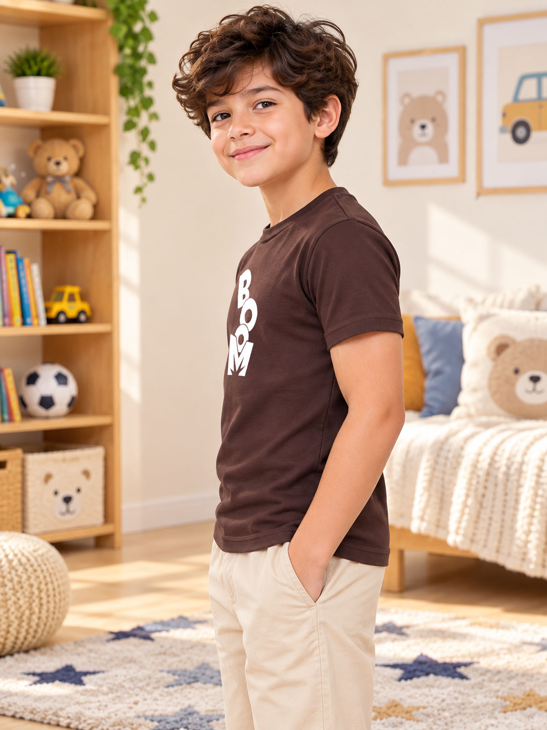 Kids White Dark Brown Boom Fit Regular T-Shirt worn by smiling boy in a cozy bedroom setting
