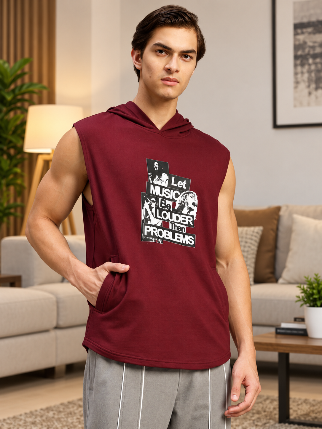 HOODIE SLEEVELESS GRAPHIC PRINT MAROON