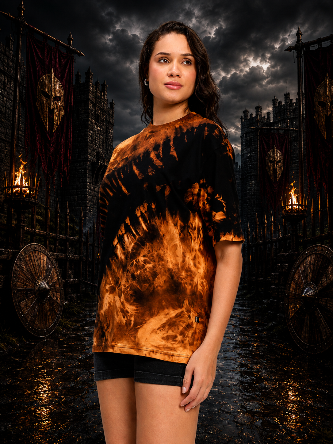 WOMEN SOLAR TIE-DYE T-SHIRT BLACK FIRE ORANGE