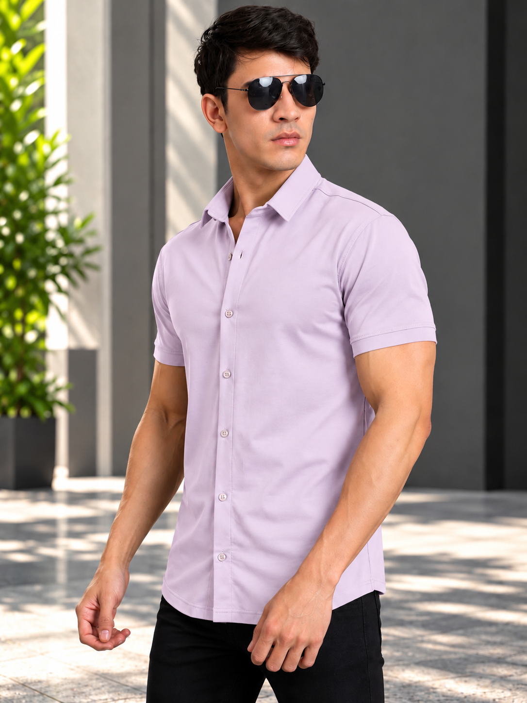 NOIR LILAC WRINKLE FREE COTTON HALF SLEEVE SHIRT