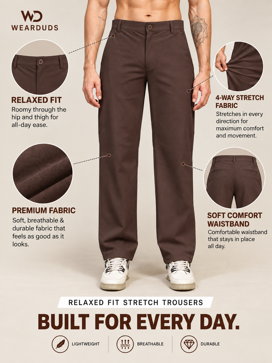 STRETCH STRAIGHT CASUAL PANTS DARK BROWN