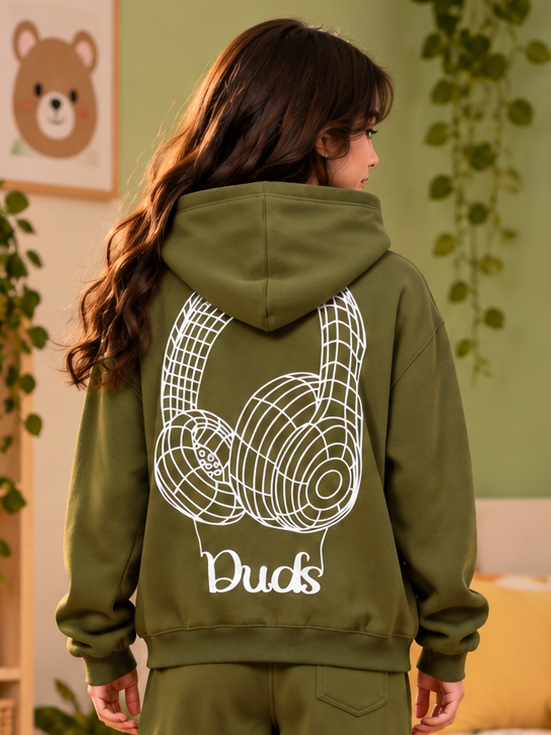 WEARDUDS WOMEN FLEECE MUSIC GRAPHIC HOODIE OLIVE GREEN