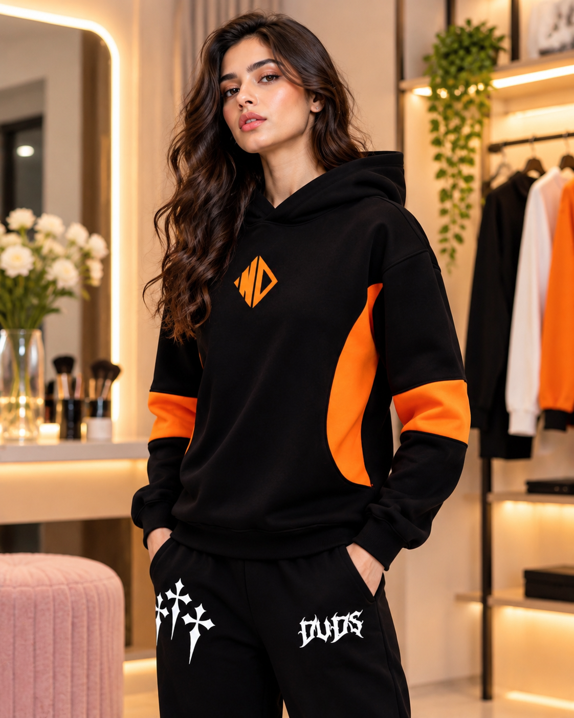 WOMEN WD GORBCORE FLEECE HOODIE BLACK ORANGE