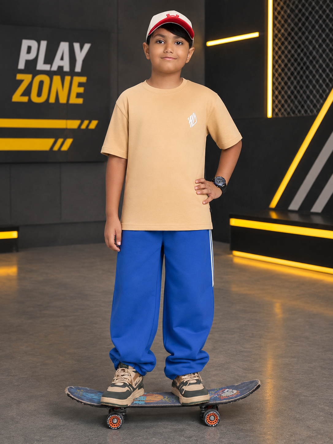 NEO STREET DROP CO-ORD FOR BOYS GIRLS BEIGE BLUE - boy in beige top and blue pants on skateboard